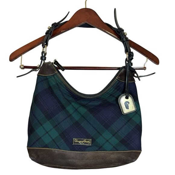 Dooney & Bourke Erica Tartan Navy & Green Plaid Brown Suede Handbag Classic - Picture 1 of 10
